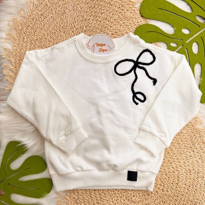 Conj. Casaco de Moletom com Laço Preto e Calça Legging Montaria - Off White